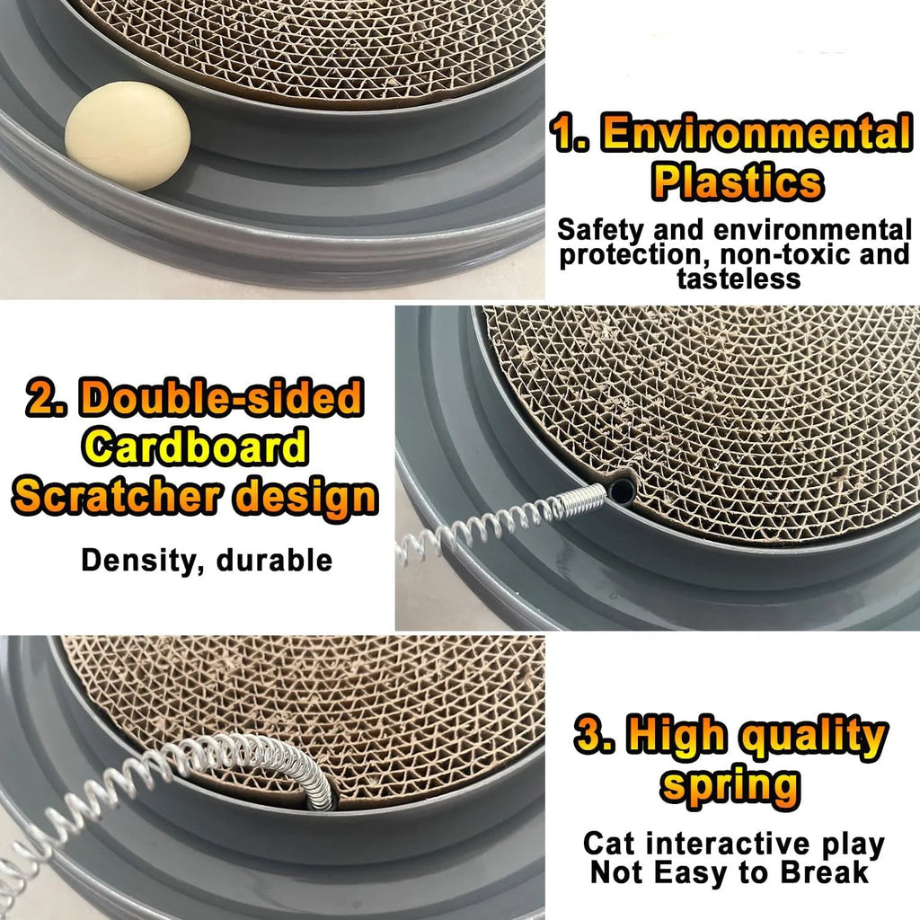 Blue cat scratching pad with circular ball track and replaceable cardboard centre for feline scratching and play