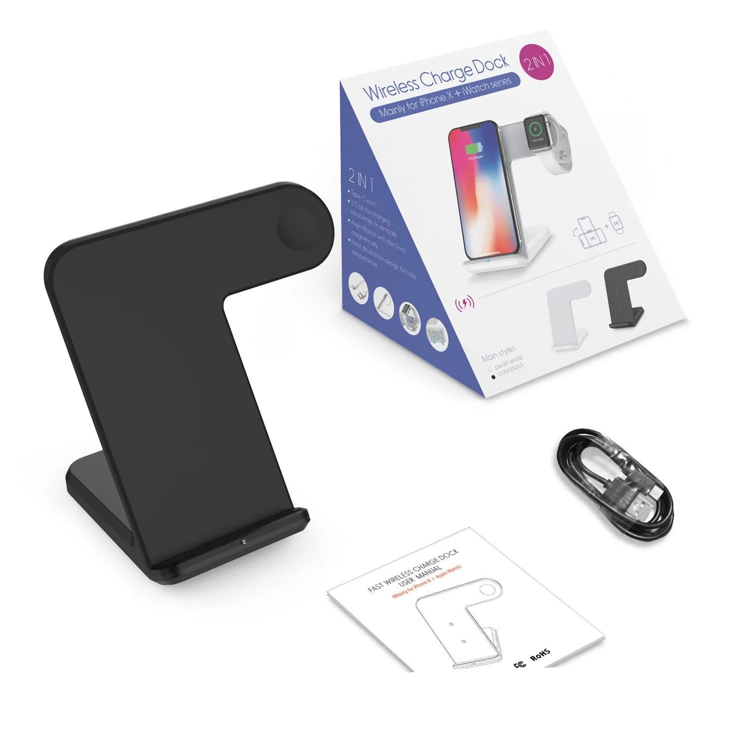 Black and white wireless charging pad for mobile phones with 140mm dimensions and Type-C cable