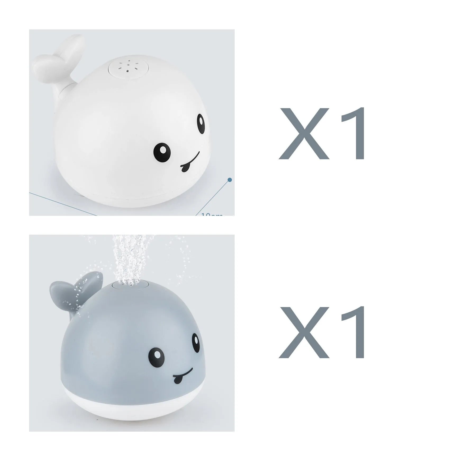 Whale-shaped baby bath toy with automatic water spray and colourful lights floating in water.