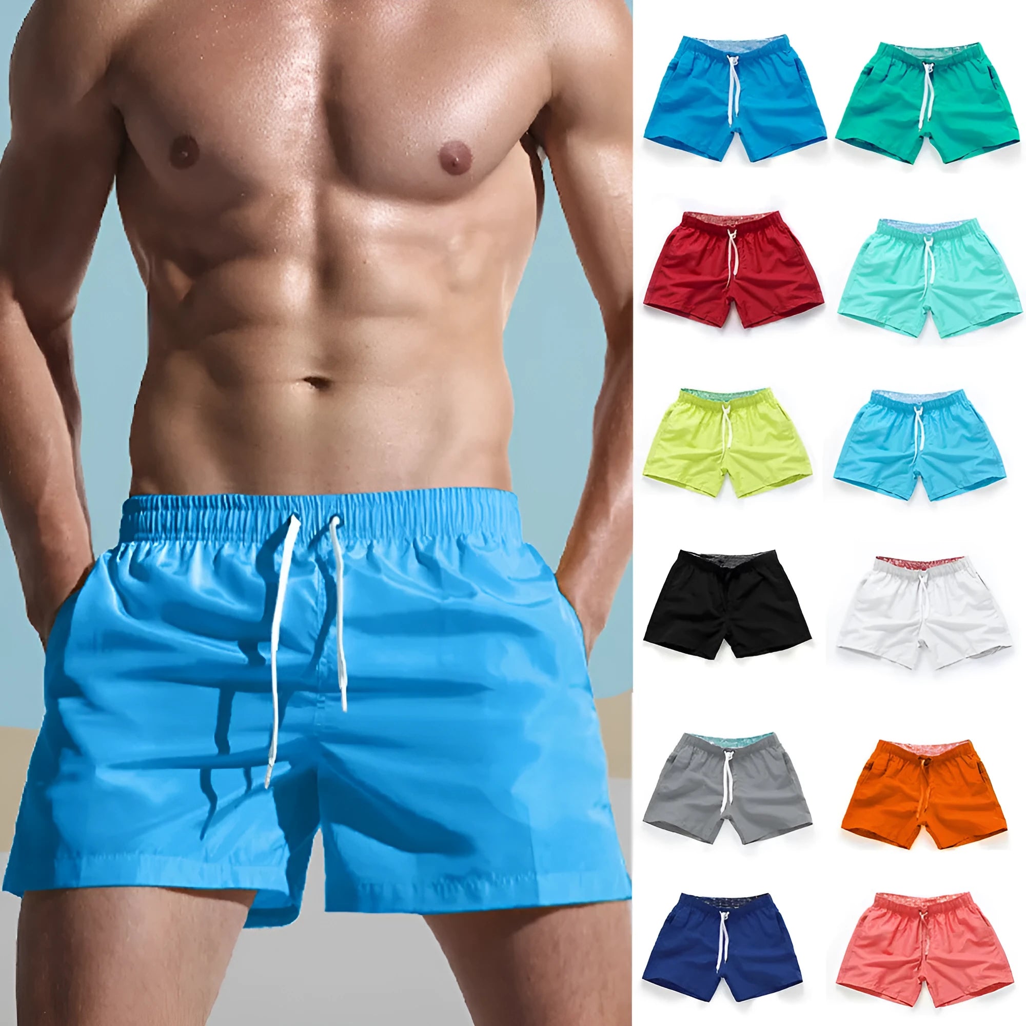 Men's straight-leg polyester beach shorts in black, shown on a model, highlighting the distressed finish and casual fit.
