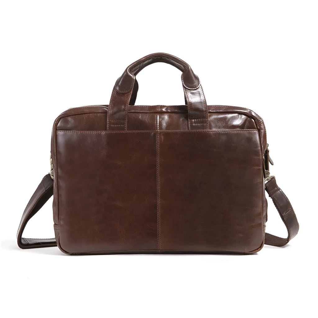 Brown 18-inch first layer cowhide business briefcase with laptop compartment and polyester cotton lining