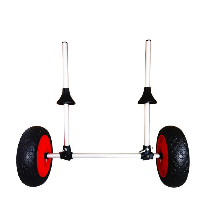 Foldable aluminium kayak cart with upright pole platform and large beach wheels for transport.