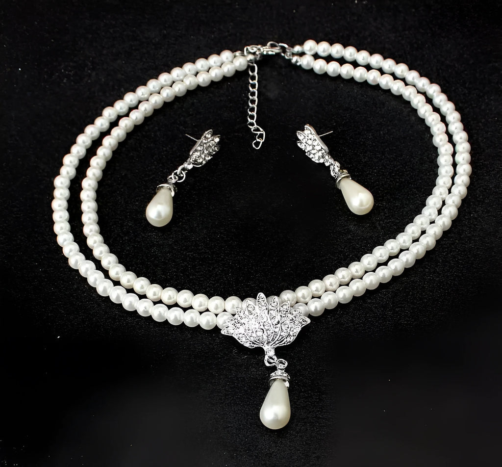 Pearl crystal diamond necklace and earrings set for bride wedding jewellery European American trade CMT087