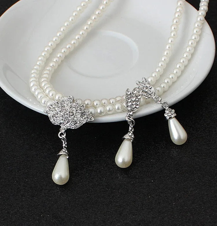 Pearl crystal diamond necklace and earrings set for bride wedding jewellery European American trade CMT087