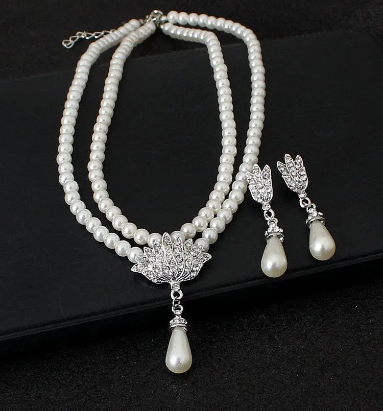 Pearl crystal diamond necklace and earrings set for bride wedding jewellery European American trade CMT087