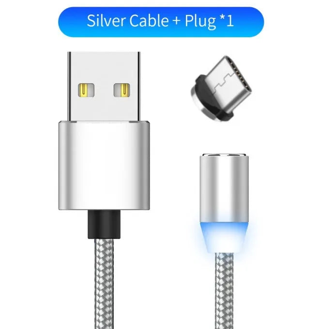 YBD black braided magnetic charging cable with LED light showing Lightning, Micro-USB, and Type-C magnetic tips