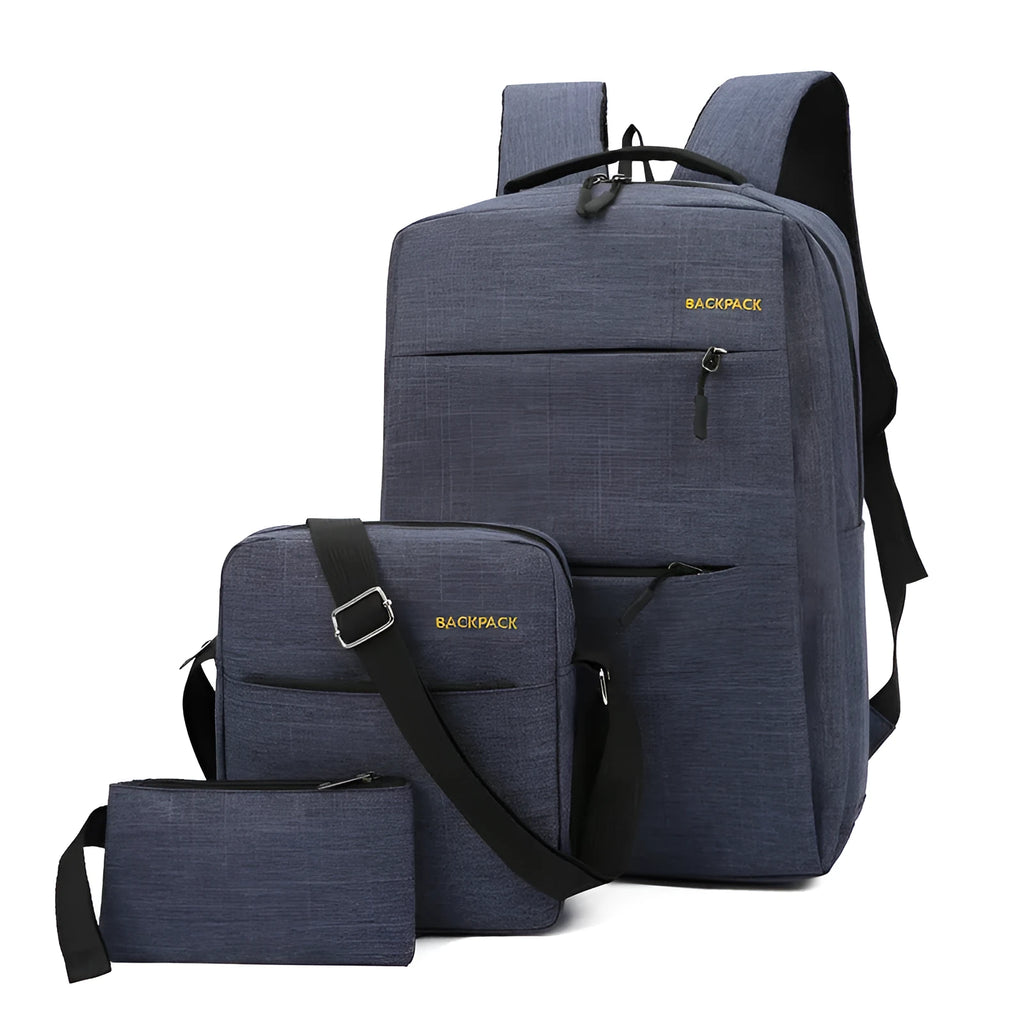 Men's USB charging casual computer bag three-piece set in black nylon with internal compartments