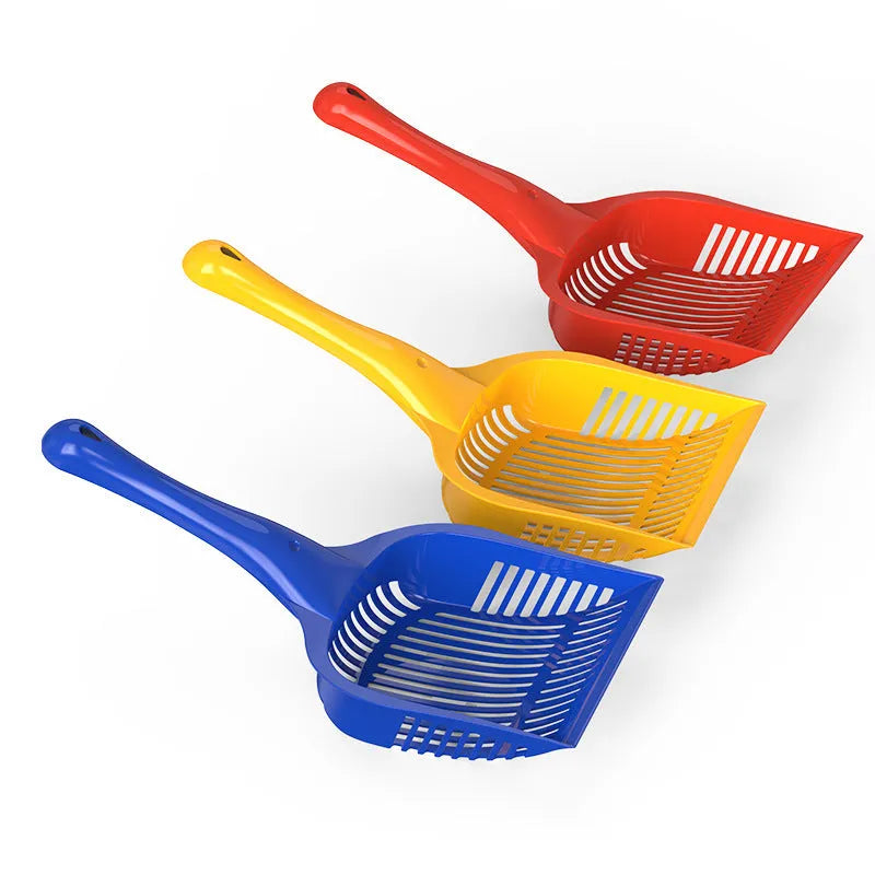 Blue, red, or yellow plastic cat litter scoop shown in small and medium size options.