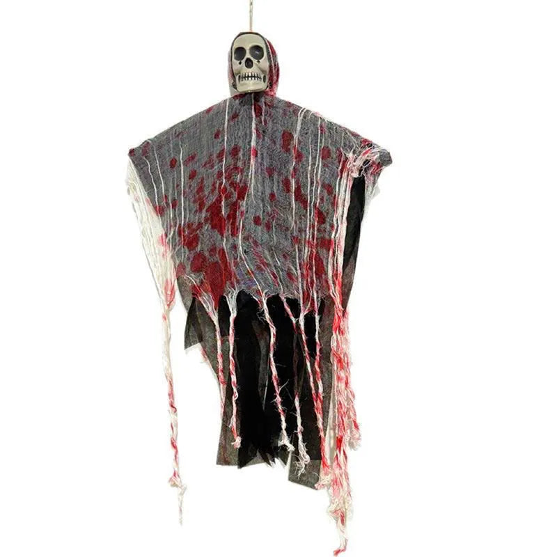 Plastic Halloween decoration of a luminous blood-dyed skull hanging ghost with string