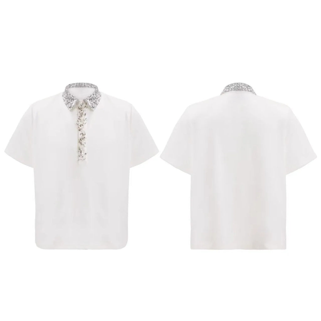 Men's black loose polo shirt with embroidered and sequinned square collar, short sleeves.