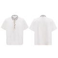 Men's black loose polo shirt with embroidered and sequinned square collar, short sleeves.