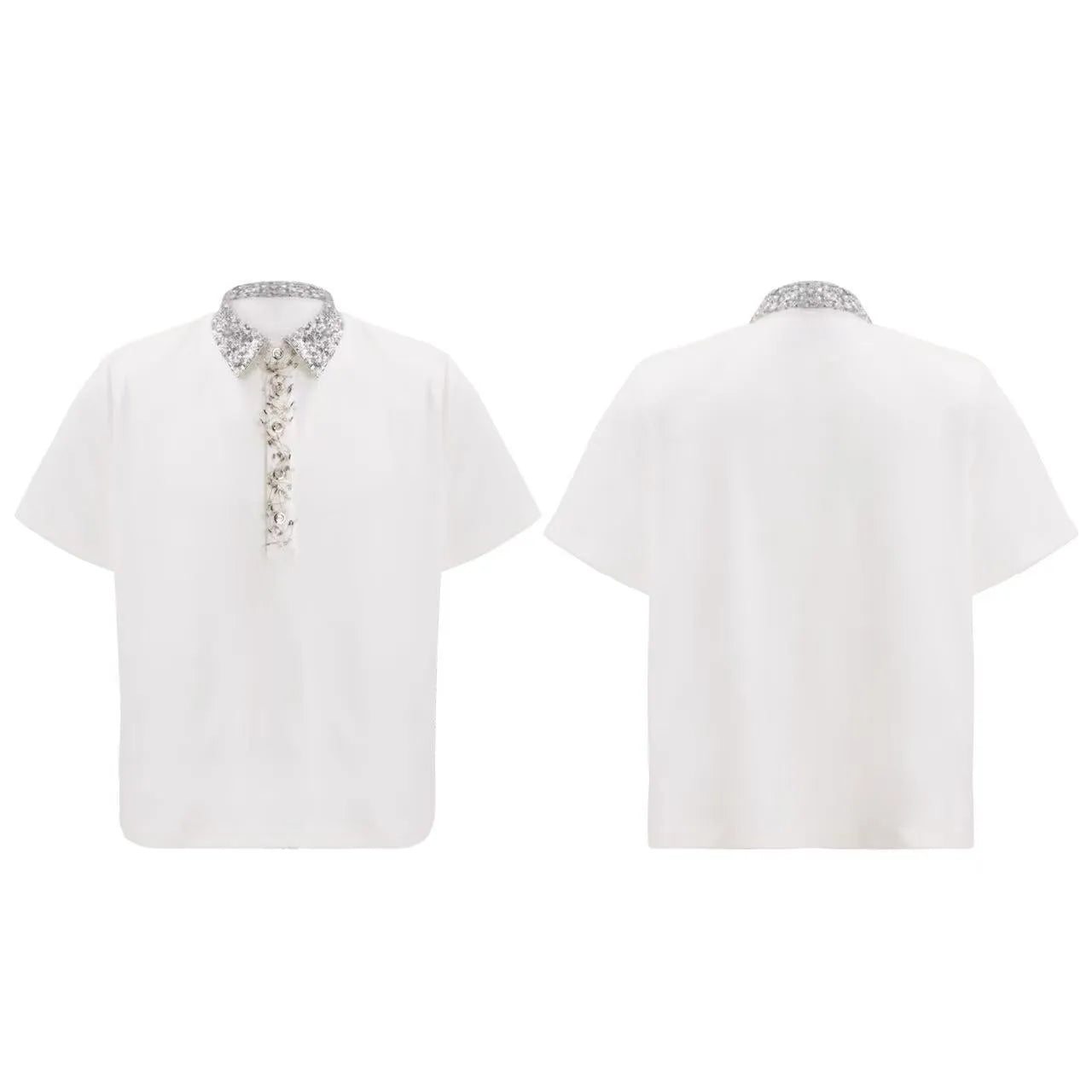 Men's black loose polo shirt with embroidered and sequinned square collar, short sleeves.