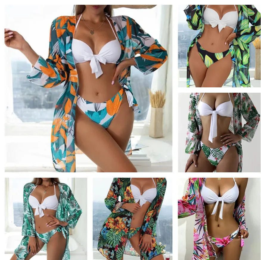 Women's three-piece bikini mesh split swimsuit in quick-drying polyester with high elasticity