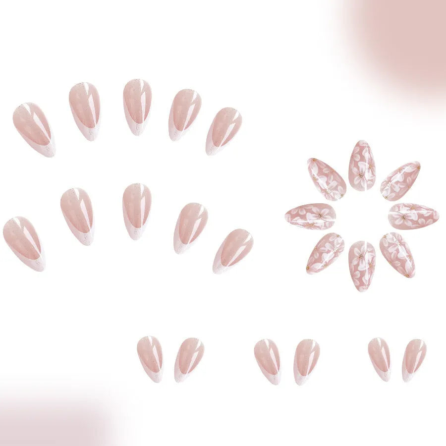 C625 short almond shaped false nails with French style glittering powder flower design