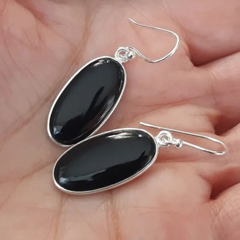 Black agate pendant women's earrings with geometric Chinese design and 925 silver electroplated finish