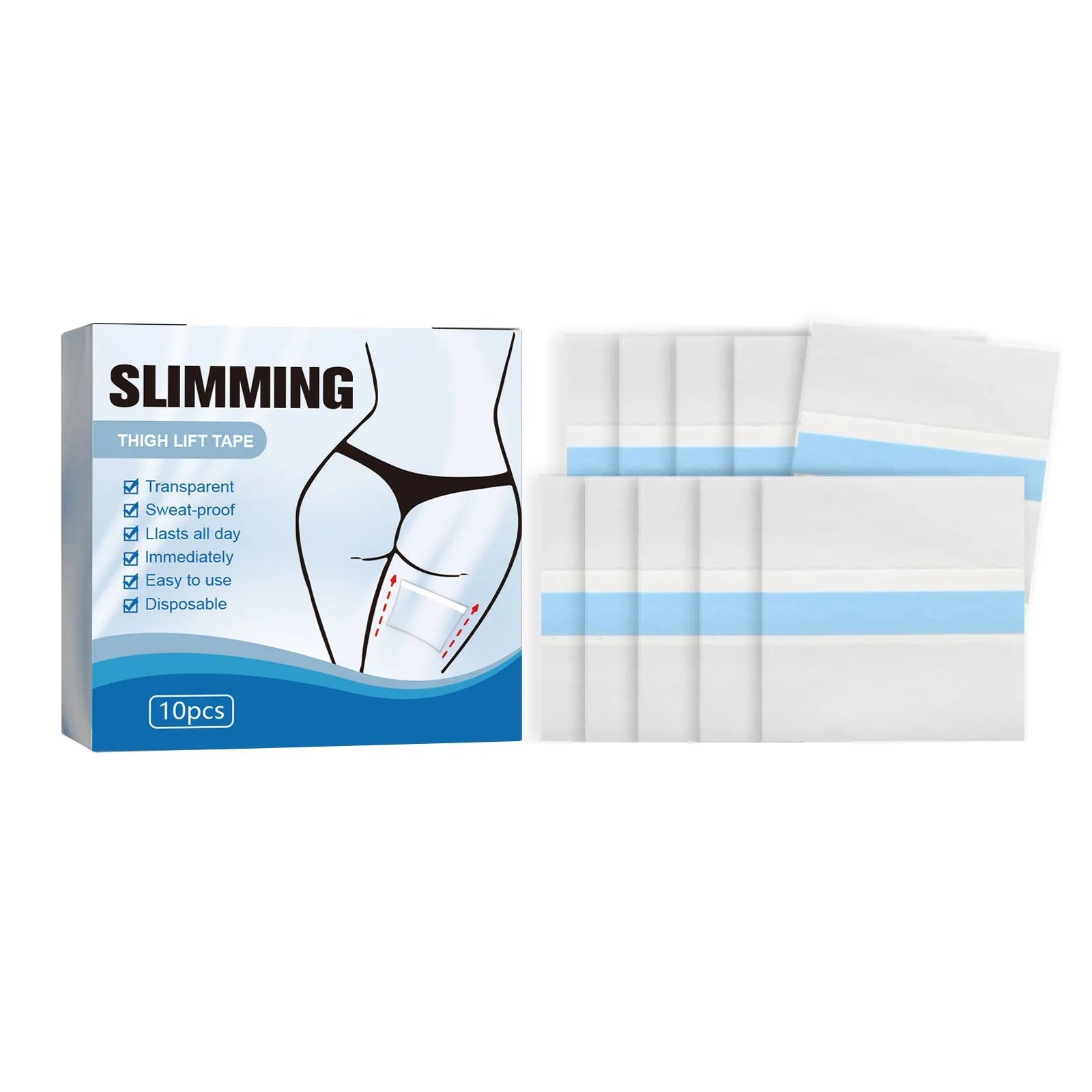 Box of 10 body shaping patches for navel area, each measuring 12cm square with hyaluronic acid and collagen ingredients