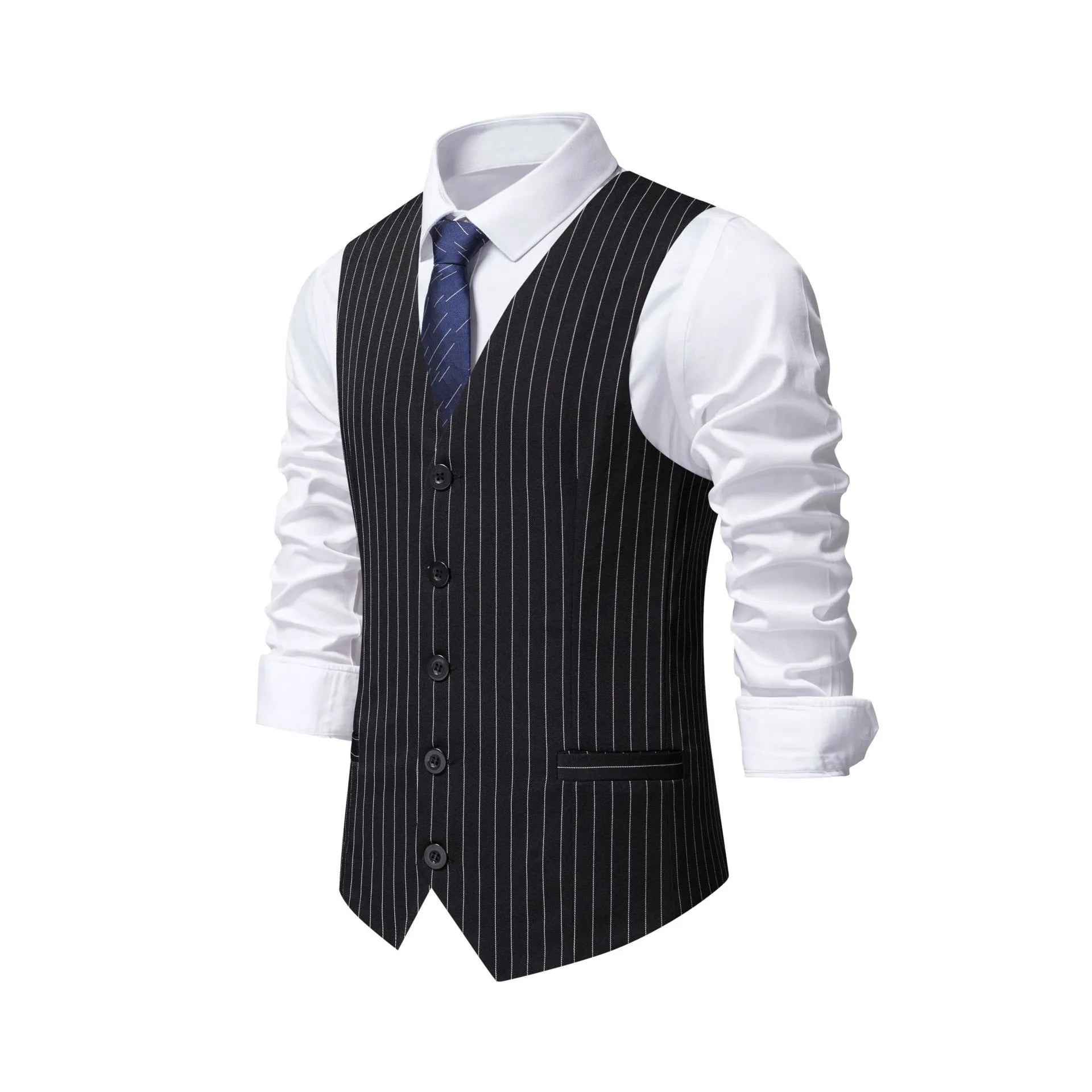 Men's striped suit vest in polyester with non-ironing fabric and V-shaped hem