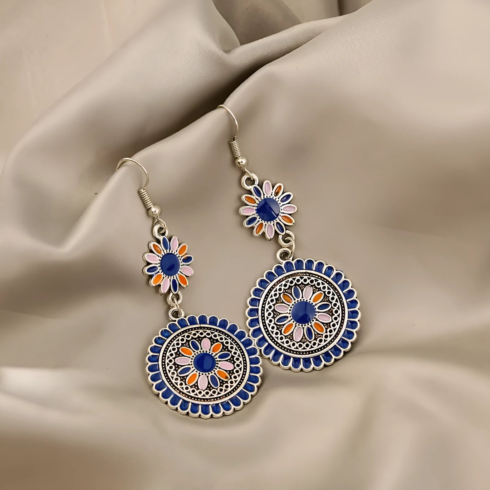 Exaggerated retro bohemian round sunflower earrings in blue and green alloy for women