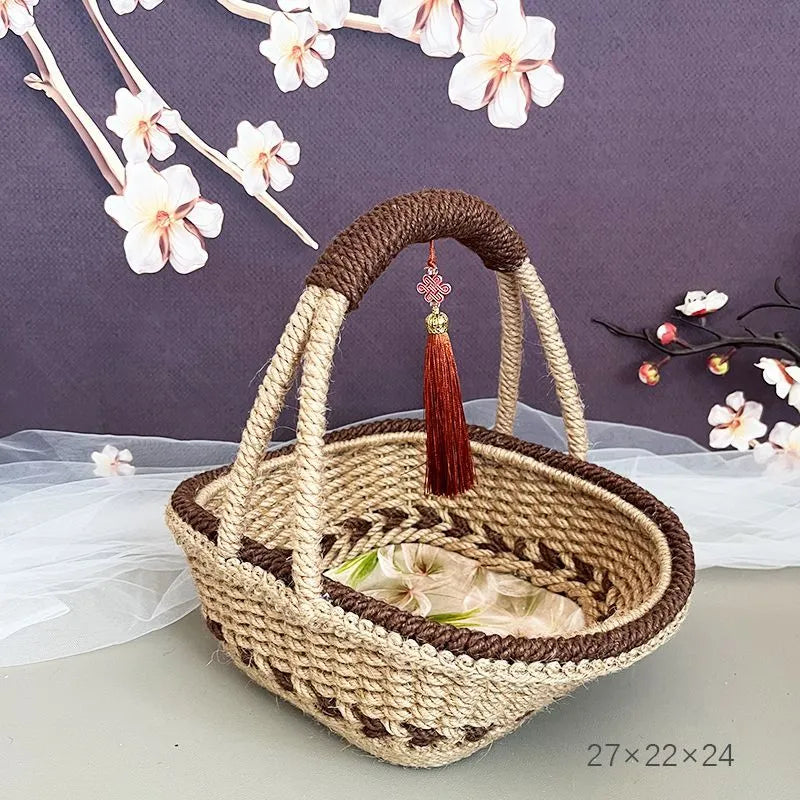Hand-woven natural straw basket in a light brown colour, measuring 19cm by 12cm.