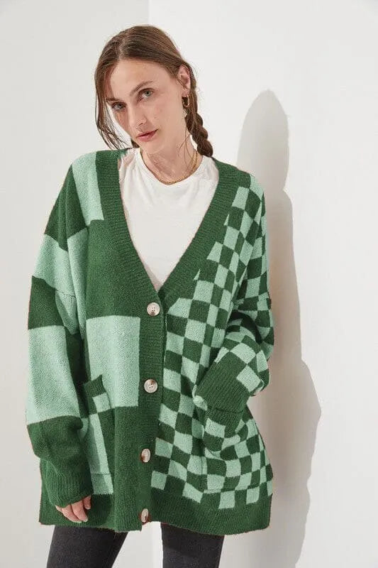 Women's loose fit printed checks cardigan knitwear in grey colour with open front design