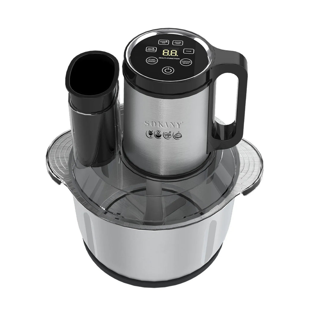 Black stainless steel meat grinder with vegetable cutter and 5L capacity kitchen machine