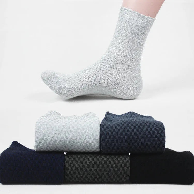 Men's bamboo fibre business socks in a small square pattern, shown in silver grey colour.