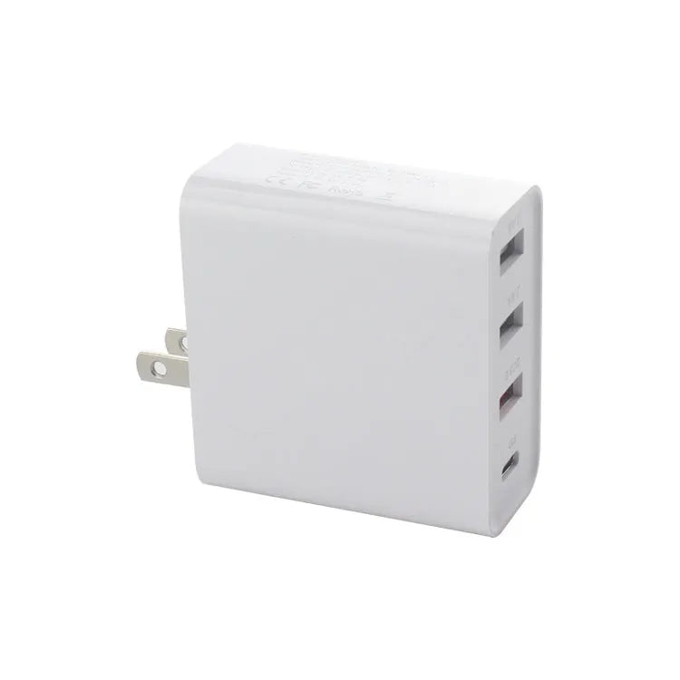Black 48W four-port USB-C PD fast charger with LED indicators showing charging status