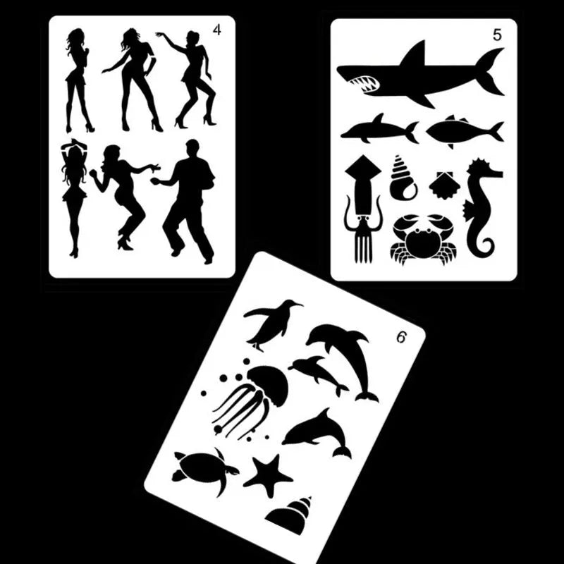 Set of white plastic drawing stencils with assorted cut-out patterns for crafts and decoration.