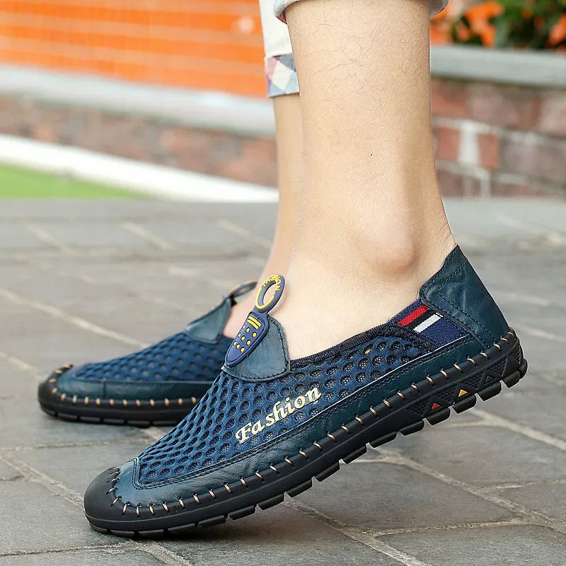 Men's brown casual shoes with mesh fabric upper and rubber sole