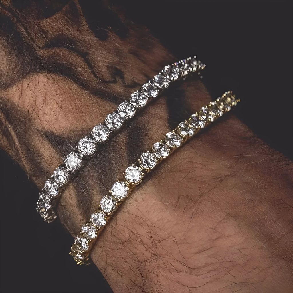 Men's silver alloy hip hop bracelet with a single row of clear rhinestones and geometric zirconia charms on a link chain.
