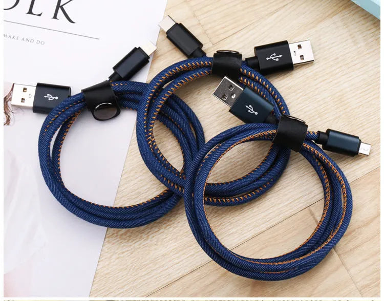 USB Type-C charging cable with blue denim fabric sleeve and aluminium connector.