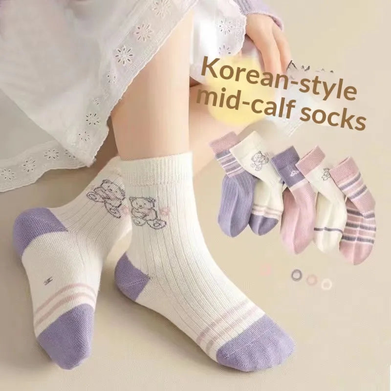 Children's cotton mid-calf socks 5-pair pack, lace detail, with Baby Bear design for girls ages 1-12