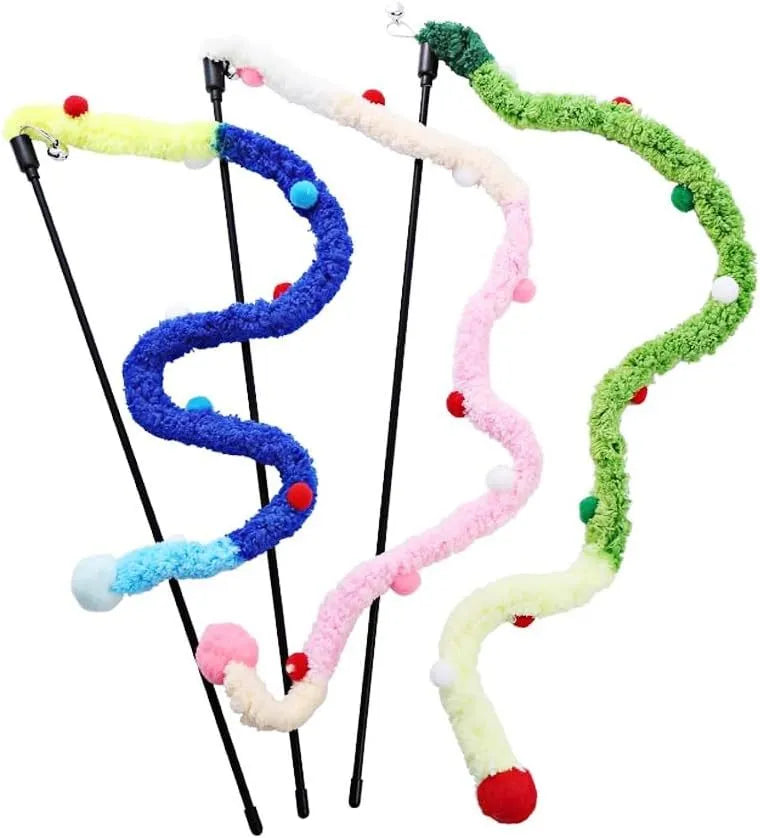 Blue interactive cat wand toy with a long plush strip and a fluffy ball with bells.