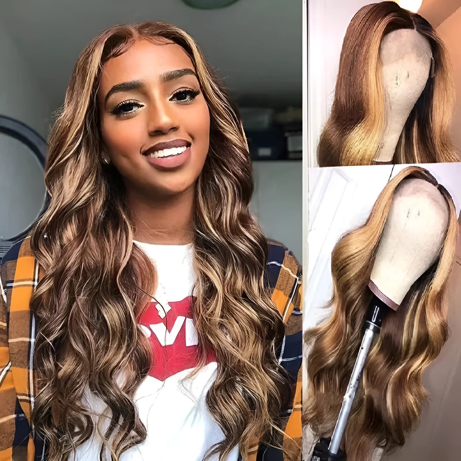 Front lace wig with African black gradient colour and big wave texture, showing length options