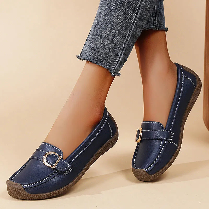 Women's casual loafers in artificial PU with beef tendon sole, round toe, and elasticated oversleeve in five colour options