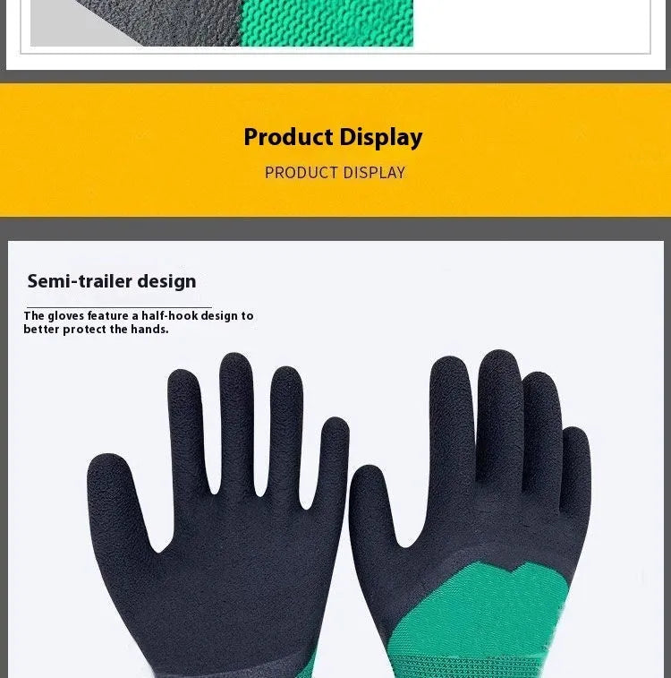 Black and green rubber work gloves showing textured non-slip palm and 13-stitch construction on the back.