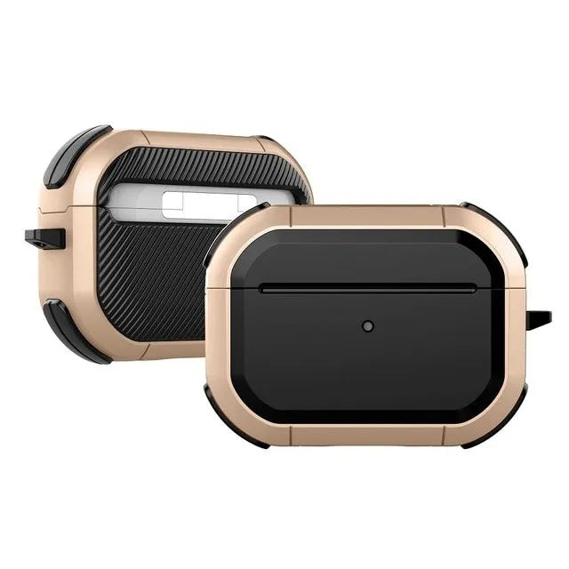 Black TPU and PC protective case for Apple AirPods Pro and AirPods 1/2 models on a white background.