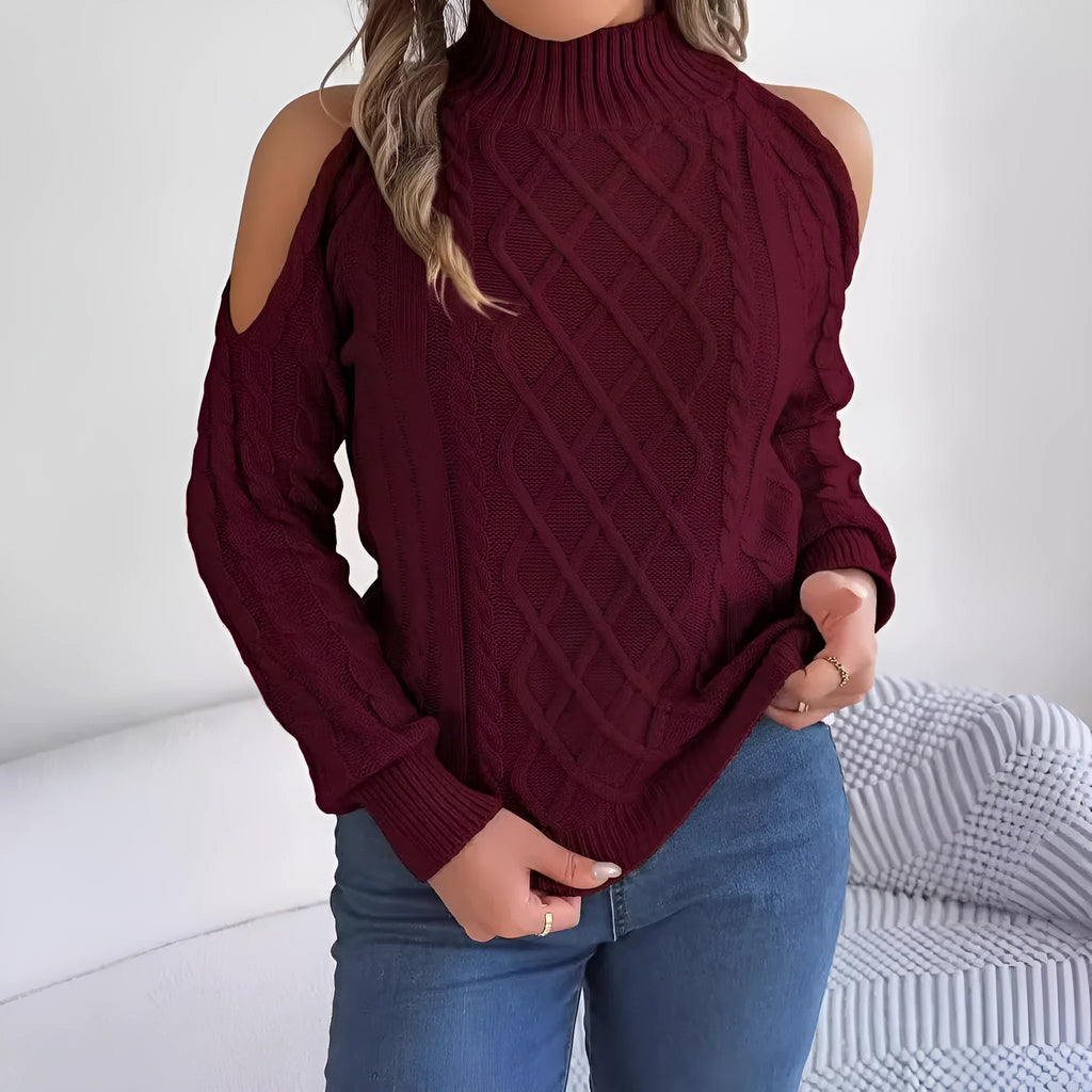 Women's twisted pattern acrylic sweater with lantern sleeves and strapless half-high collar in grey colour