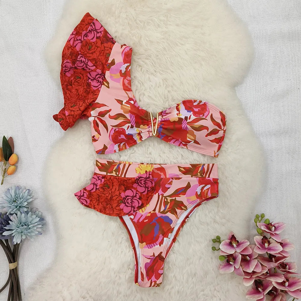 Women's one-shoulder ruffled bikini with printed floral pattern and high-waist briefs