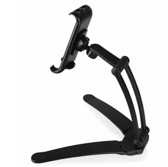 Silver aluminum alloy desktop tablet stand holding a tablet at adjustable angle with white mounting base