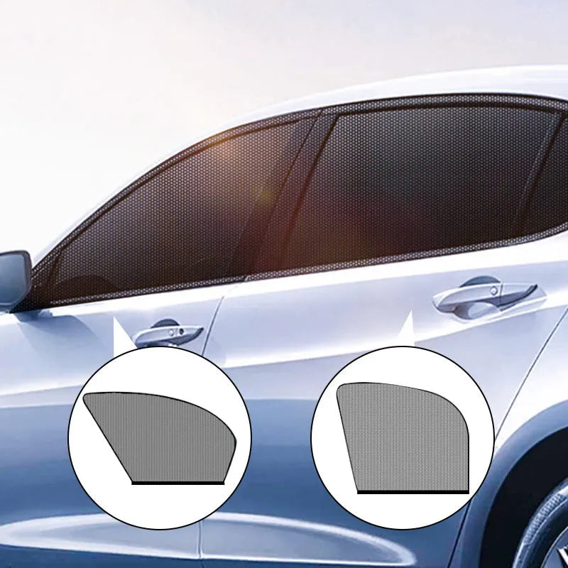 Non-woven fabric mesh car side window sun shade with elastic edge for front and rear windows.