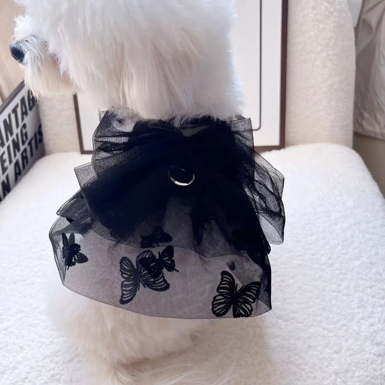 Black gauze princess tulle skirt for a small dog, showing the fitted bodice and full skirt.