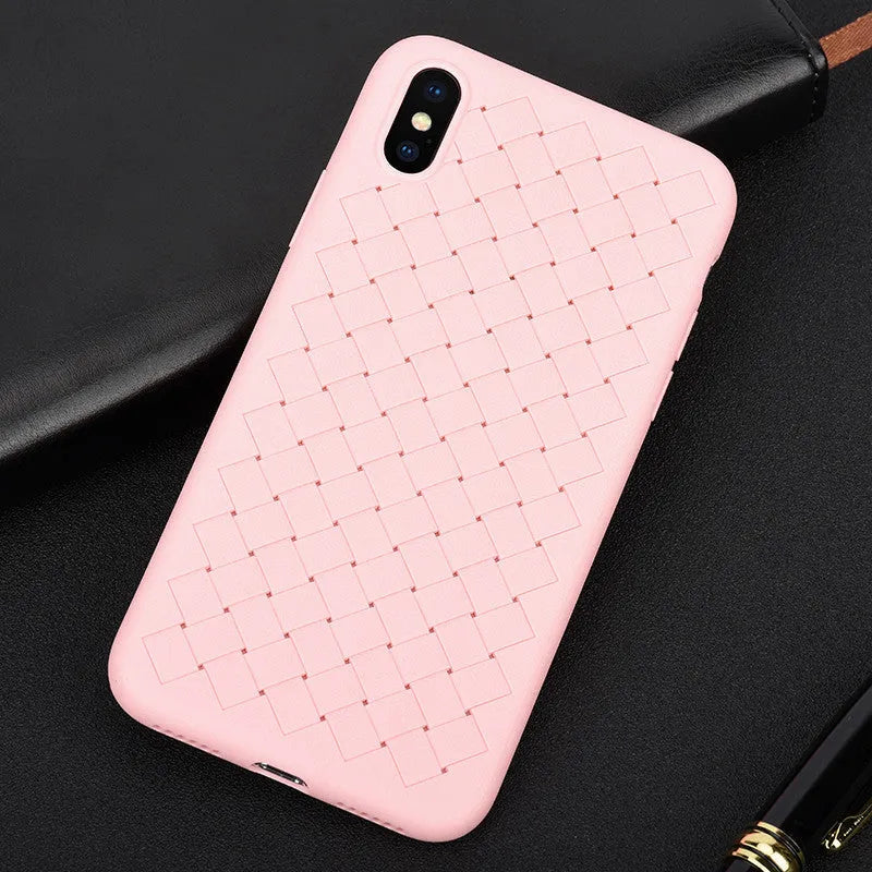 Luxury grid weaving pattern iPhone case in TPU material with hollow cooling design and raised screen protection