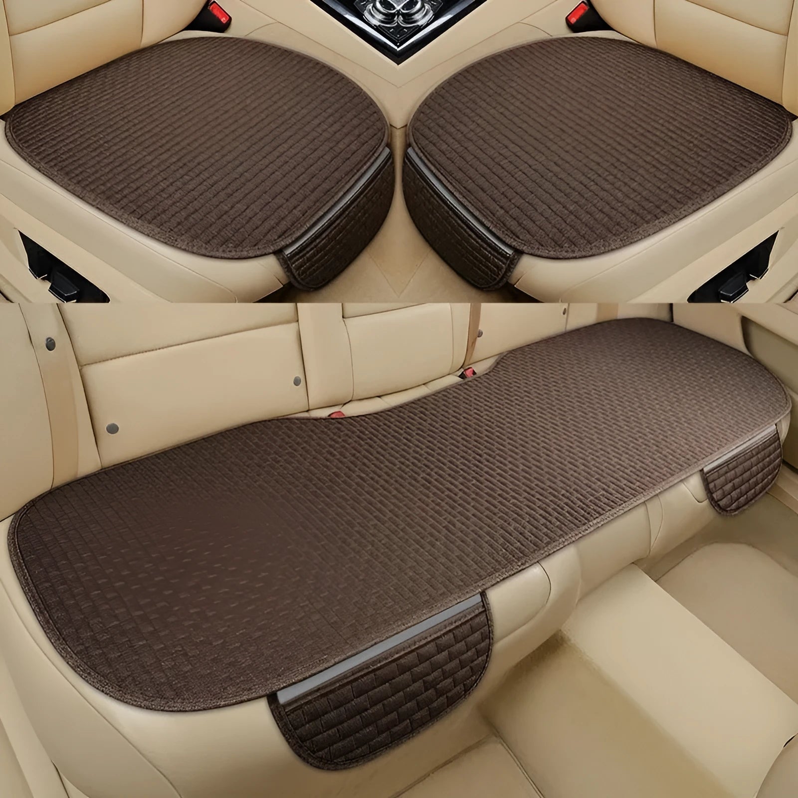 Linen car cushion set showing classic black and red, charm coffee, and warm cream colour options