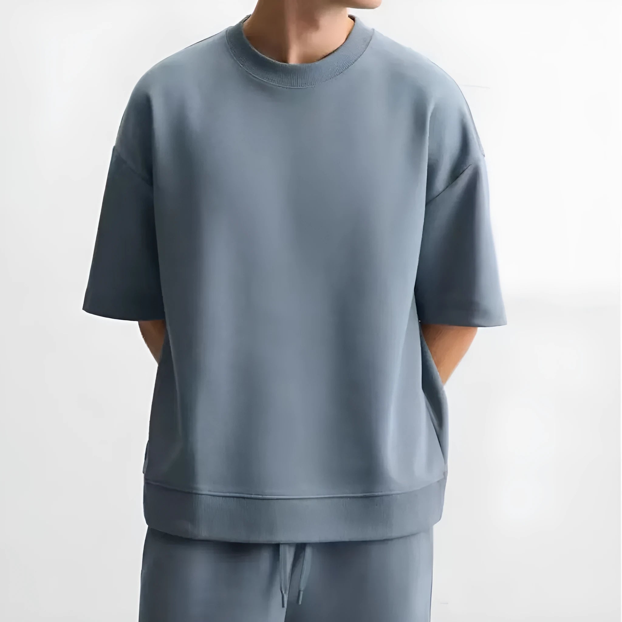 Loose-fitting short sleeve shirt and matching shorts lounge set in blue with double-sided texture