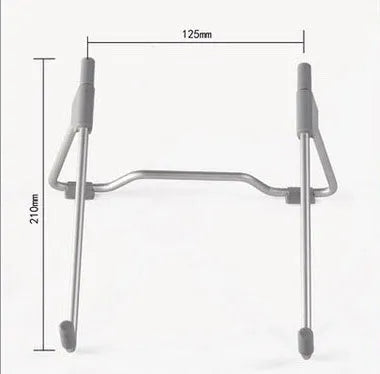 Grey aluminium alloy and plastic foldable stand holding a mobile phone and a laptop.