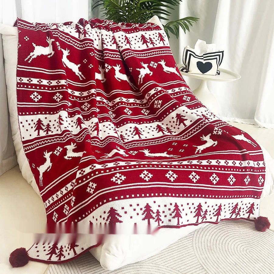 Casual acrylic knit Christmas blanket with snowflake or reindeer pattern