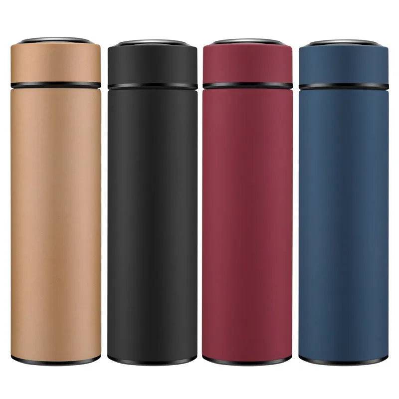Black stainless steel water bottle with double wall vacuum insulation and arrow mouth, 450ml capacity.