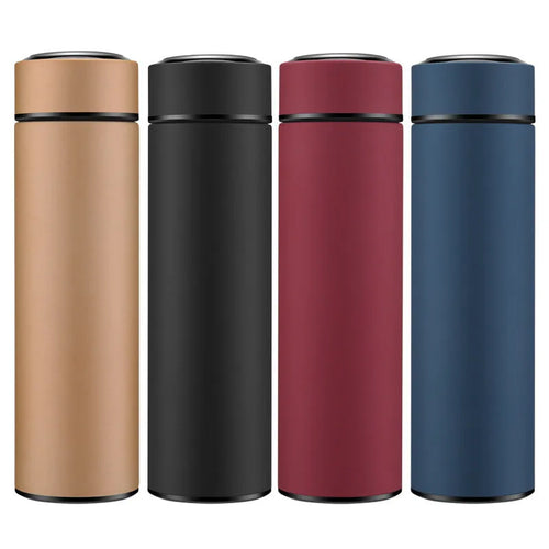 Black stainless steel water bottle with double wall vacuum insulation and arrow mouth, 450ml capacity.