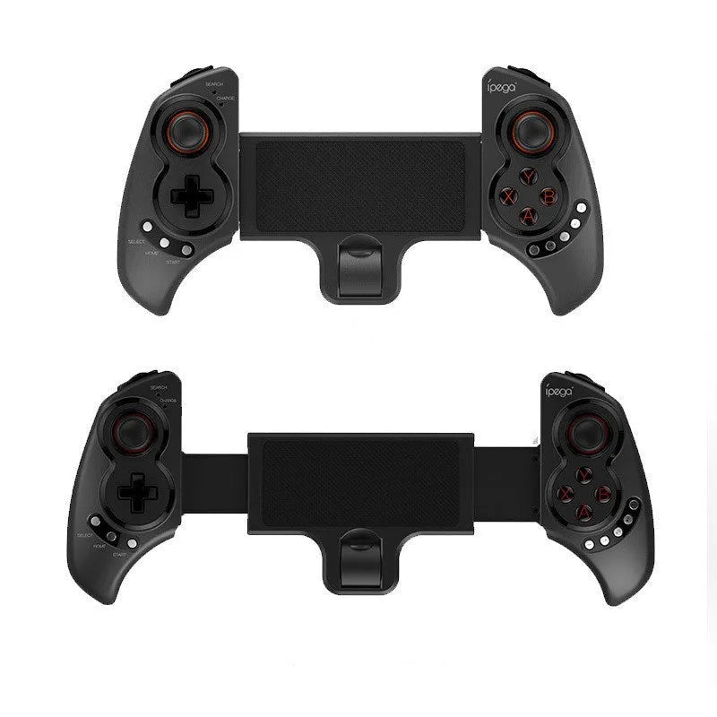 PG-9023 black wireless telescopic gamepad controller holding a smartphone, showing joysticks and buttons.